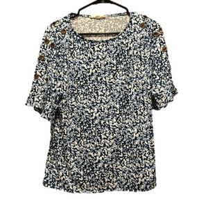 Blue and White Patterned Short Sleeve Blouse with Rivets on the Sleeve Large